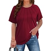 CARROTMOB Plus Size Blouses for Women Pleated Casual Short Sleeve Round Neck Shirts Dressy Loose Summer Tops