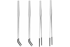 LinamHoz 4 Pcs Reptile Feeding Tongs with Rubber Tip, Rubber Tipped Long Tweezers with Straight & Curved Head Feeder Tool for