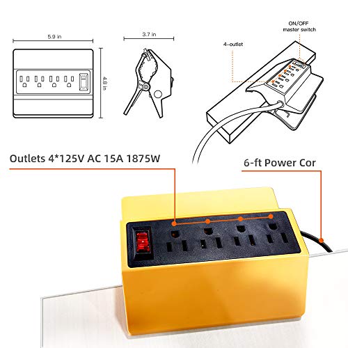 Desk Clamp Power Strip,Yellow Desktop Power Outlets Connect 4 Plugs,Removable Desktop Mount Multi-Outlets with 6ft Cord for Home Office Reading Outdoor,UL and ETL Listed