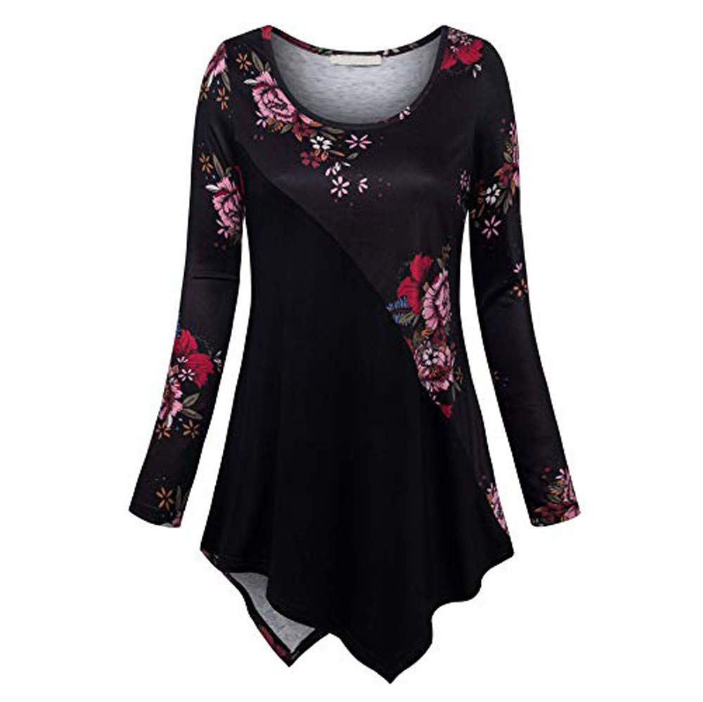 Women's Floral Flower Print Tunic Oversized O Neck Hem Blouse