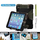 Aceguarder Apple Ipad Mini 1&2&3 Case Waterproof Rainproof Shockproof Kids Proof Case for Ipad Mini 2 Mini 1&2(gifts Outdoor Carabiner + Whistle + Handwritten Touch Pen) (CAMO ARMY-BLACK)