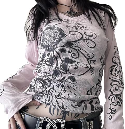 Women Y2k Oversized Fairy Grunge Tops 90s Long Sleeve Skeleton