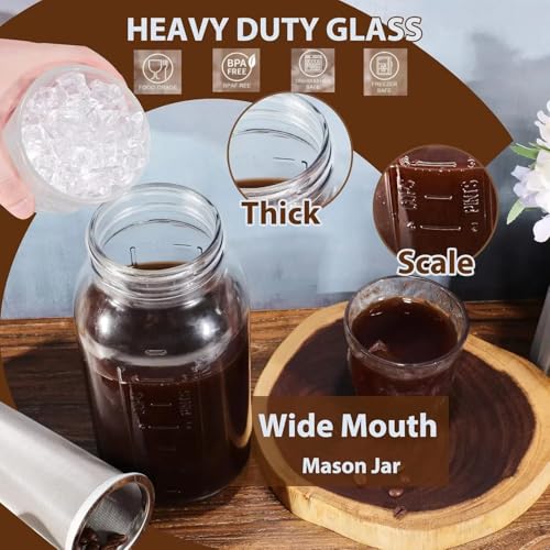 BTWD Cold Brew Coffee Maker, 64oz Glass Mason Jar Pitcher Iced Tea Maker Wide Mouth Spout Lid Airtight with Handle Stainless Steel Filter for Iced Coffee, Ice Lemonade, Fruit Drinks, with Spoon/Brush