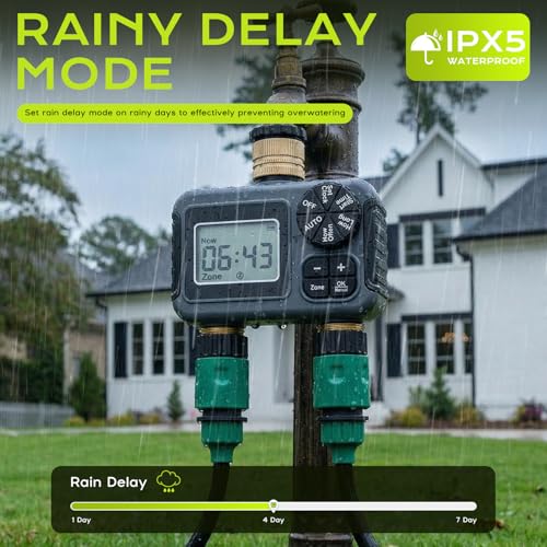 IPX5 Waterproof Automatic Watering Timer with Brass Input and Output, Rain Delay, Automatic and Manual Watering, Irrigation Timer for Garden Lawn