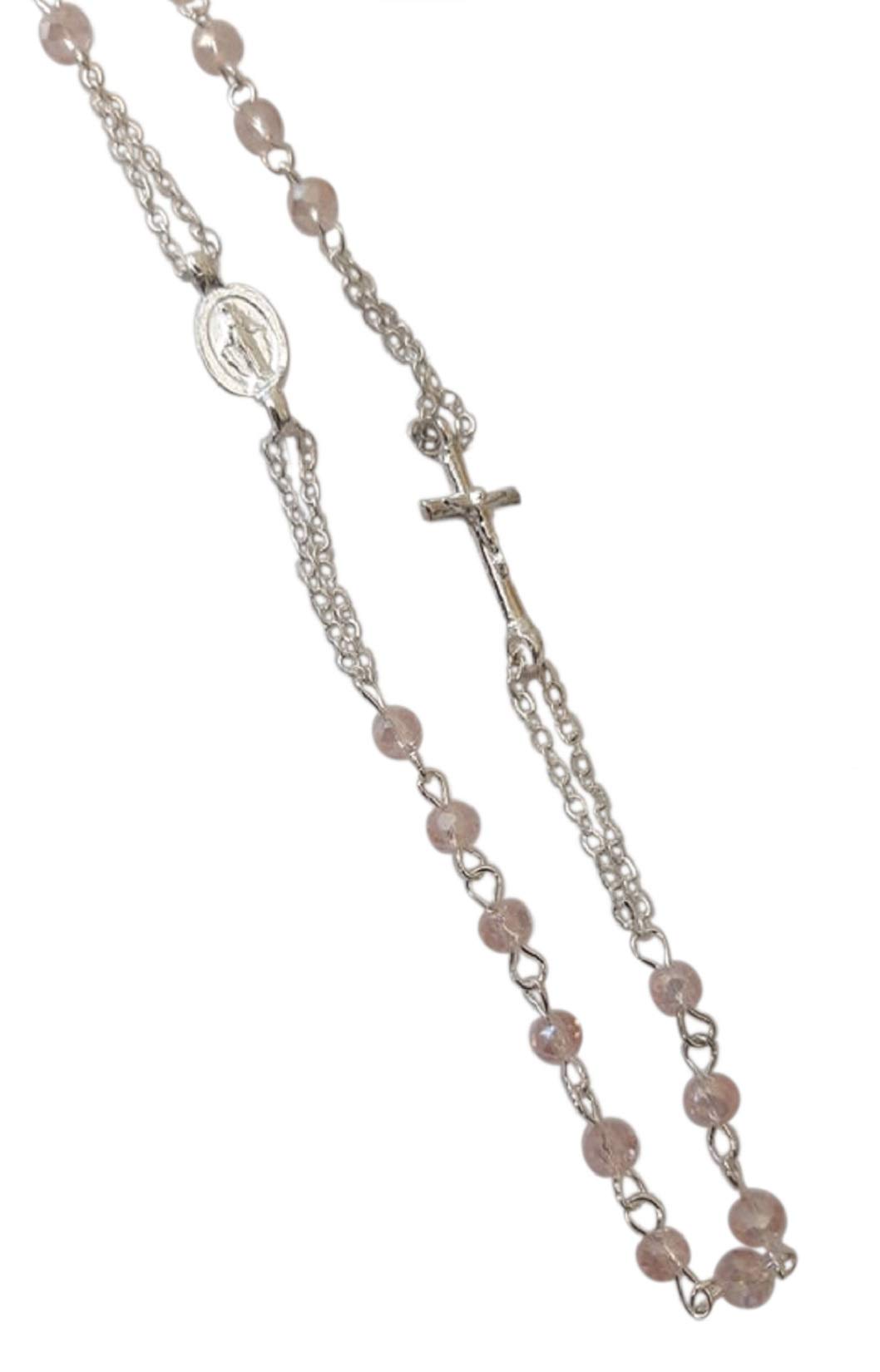 Eurofusioni Rosary necklace for women Silver plated cross and light pink Crystal beads