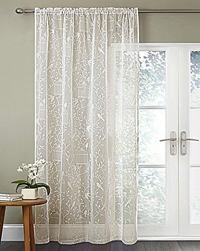 White Sheer Voile Curtain Panel With Flock Birdcage Design 55 X