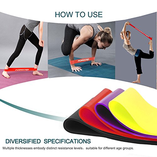 Resistance Loop Bands-MORECOO Exercise Bands for legs - Home& Gym Workout Bands for Yoga Fitness,Stretching and Physical Therapy- Includes Exercise Guides& Handy Carry Bag (Set of 4 pcs)