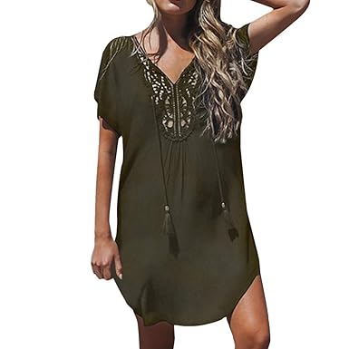 TEBAISE Damen Boho Vintage Bohemian Floral Strandtunika Sommerkleid Tunikakleid Bluse Frauen MiniKleid Druckt 3/4-Arm Langarm