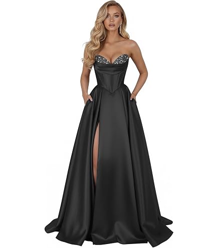 formal strapless dresses yinyyinhs Satin Prom for Women 2026 A-line Beaded Dress with Slit Corset Evening Party Gowns Aqua US 0 : Clothing, Shoes & Jewelry mirakl_mat_offer_active