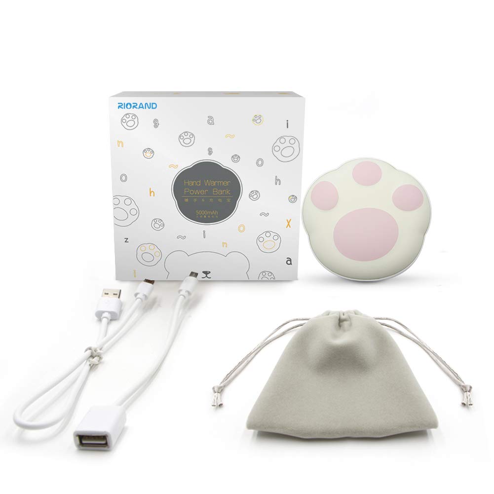 RioRand Scaldamani riutilizzabili USB Power Bank Batteria Portatile 5000 mAh 2 in 1 con Sacchetto di Velluto Migliore Regalo per Donne, Bambini (Rosa)