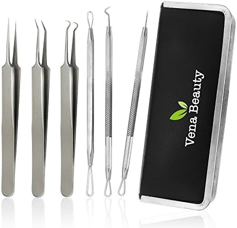 Blackhead Extractor Tool Kit ,Professional Stainless Steel Pimple Comedone Extractor Curved Tweezers Kit with Metal Case,Treatment for Acnes Whiteheads (6pcs) by Vena Beauty