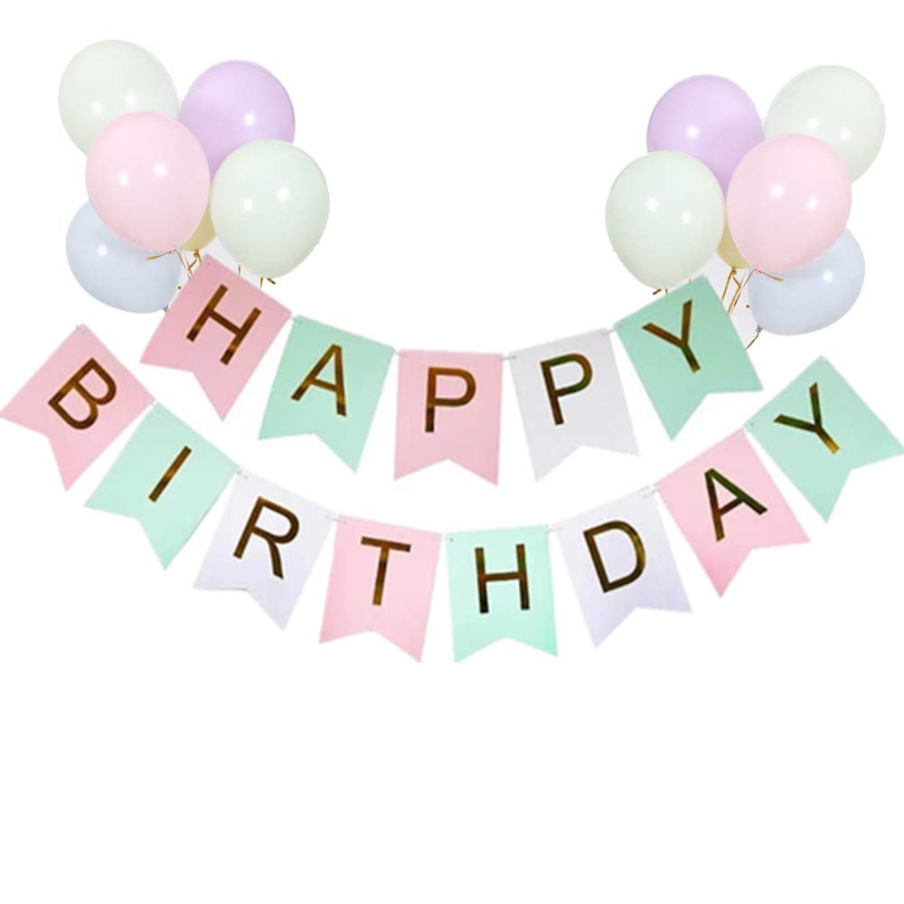 Macarons Happy Birthday Banner Girls, Pastel Birthday Party Banner Decor with 12 Pack 10 inch Large Macarons Latex Balloons