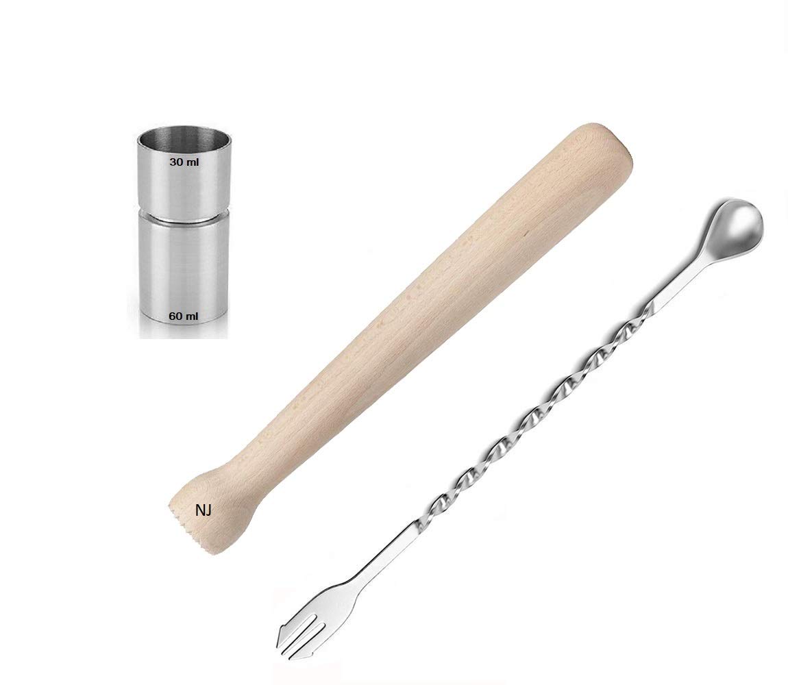 NJ Muddling Tool Set, Grooved Sheesham Wooden Head Muddler, Bar Mixing Spoon with Garnish Fork Tip, Double-Sided Classic Straight Cocktail Peg Measurer, Perfect Professional Bartender Kit: 3 Pcs Set