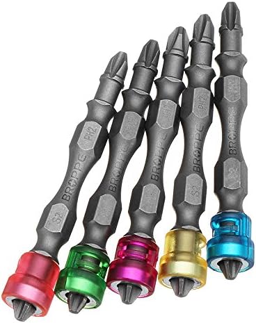 Wishfive Broppe 5pcs Double Head Magnetic PH2 Phillips Cross Drywall Screwdriver Bits With ABS Ring 65mm Length 1/4 Inch Hex Shank