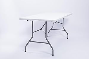 Casa Andrea Milano Multipurpose Indoor Outdoor Heavy Duty Plastic Portable Picnic Fold-in-Half Utility Table w/Handle and Steel Legs for Camping, Dining, Party, 8ft, White