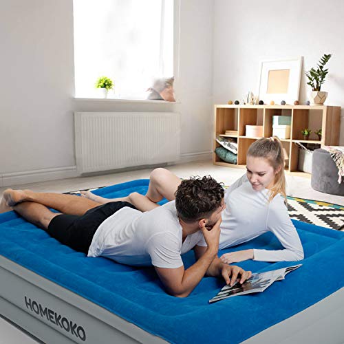 HOMEKOKO Queen Air Mattress with Built-in Electric Pump and Pillow, Inflatable Bed Portable Mattress Double High Queen Airbed,Blue