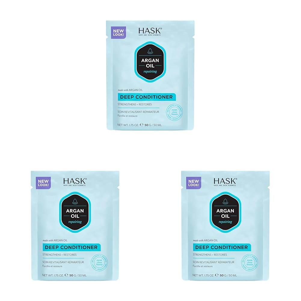HASK Argan Oil Deep Conditioner Treatment for all hair types, colour safe, gluten free, sulfate free, paraben free - 1 50mL Packette (Pack of 3)