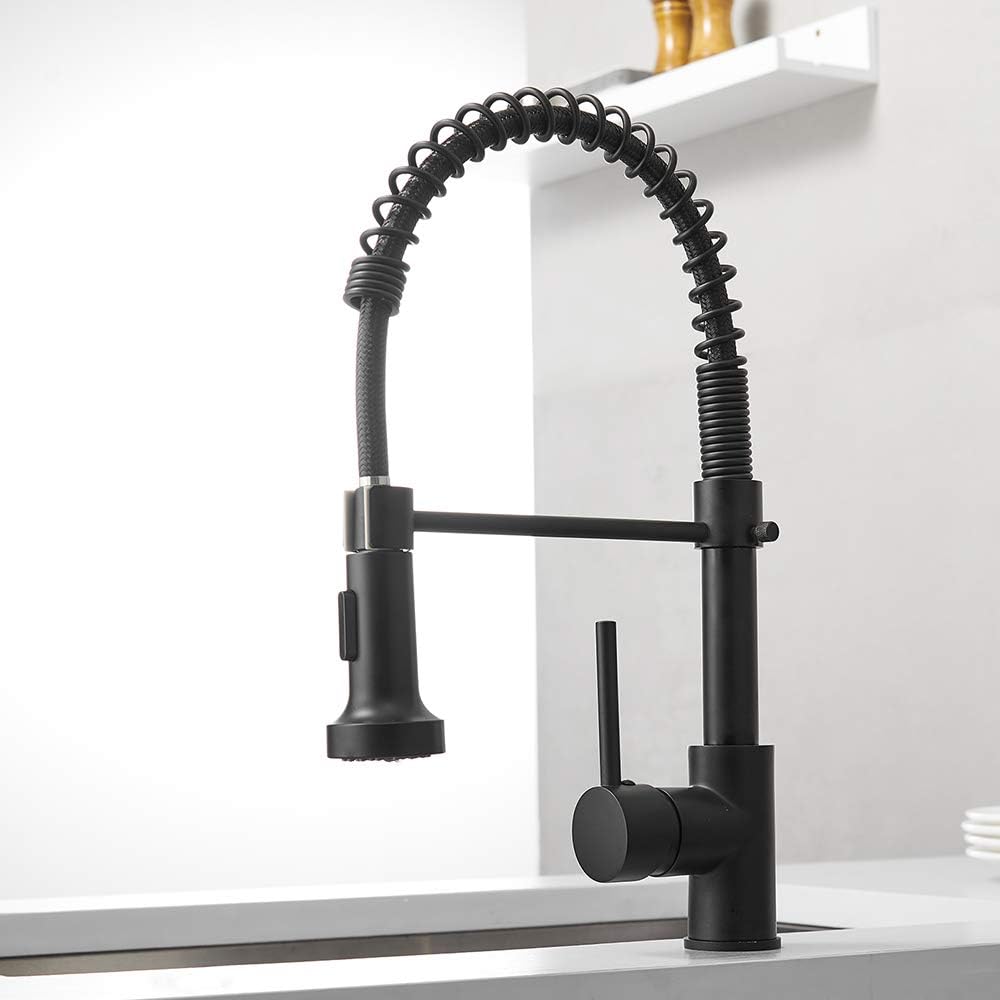 OWOFAN Kitchen Faucets Commercial Solid Brass Single Handle Single Lever Pull Down Sprayer Spring Kitchen Sink Faucet, Matte Black 9009R - - 
