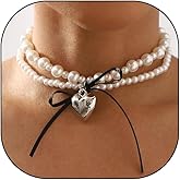 Chunky Pearl Heart Necklaces for Women Y2k Layered Pearl Choker Necklaces Stackable Bow Heart Pendant Necklaces Trendy Coquette Jewelry Accessory