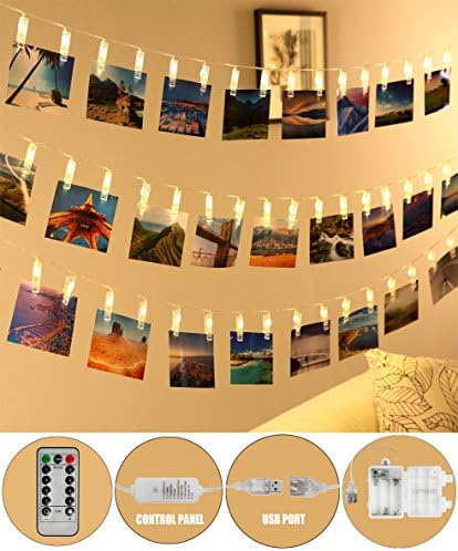 Led Photo Clip String Lights- Qoolivin USB Plug Dual Control 5m 20 LED Warm White Lights with Battery Box for Creative Wall Decoration, Gallery, and Banner Clip