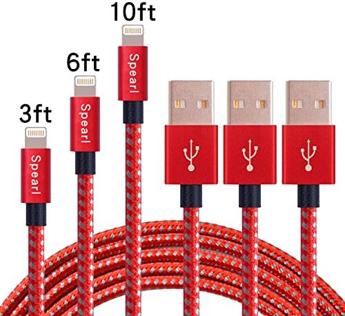 Spearl 3Pcs 3FT 6FT 10FT Extra Long Nylon Braided Charging Cable Cord 8-Pin Lightning to USB Cable iphone Charger Compatible with iPhone7/7Plus/6/6s/6plus/6s plus,5/5s/5c,iPad,iPod (Red+Gray)