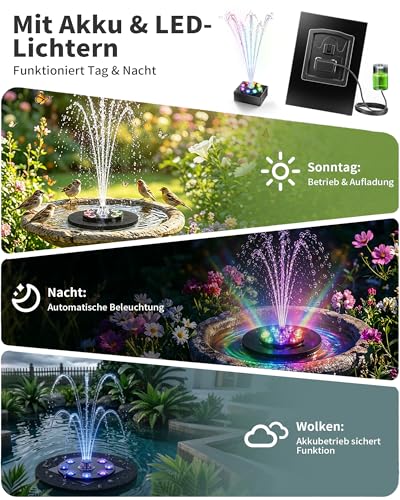 Boadw Fuente Solar para Exteriores 8W con batería 1800mAh –Bomba de Estanque Solar, Ideal para abrevadero de pájaros, pequeño Estanque y Juegos de Agua – 10 Estilos de Chorro y 8 LED de Colores