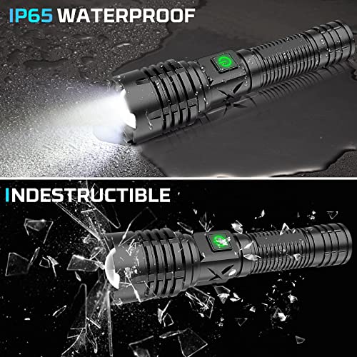 Rechargeable LED Flashlights High Lumens, Super Bright 10000 Lumen XHP70 Tactical Flashlight,5 Modes Best Flashlight for Camping,Zoomable, IP65 Waterproof,Emergency Flashlights [Battery not Included]