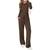 LessonZoo Girls 2 Piece Outfits Lounge Sets Long Sleeve Ruched Knit Henley Neck Fitted Tops Straight Leg Pants with Pockets
