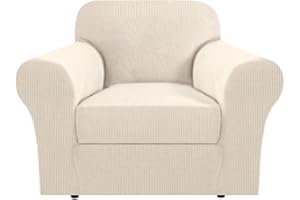 H.VERSAILTEX Stretch Armchair Cover 2 Piece Chair Covers for Living Room Furniture Cover Suit for T Cushion/Box Cushion, Spandex Jacquard Fabric Small Checks(Armchair-Standard, Natural)