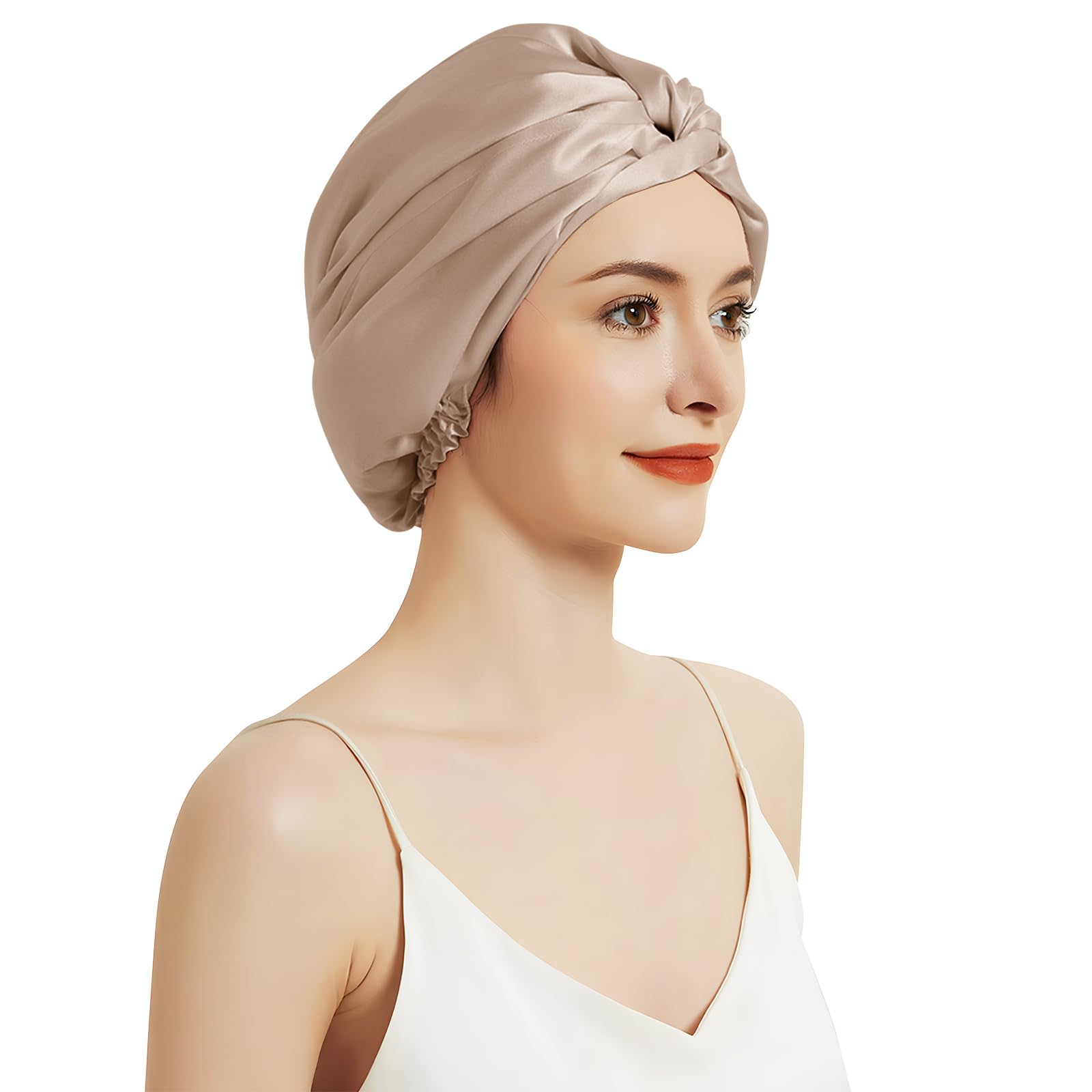 SILKTALE 100% Mulberry Silk Bonnet for Sleeping Sleep Cap for Women/Men,Double Layer 19 Momme Grade 6a Turban for Curly Hair, Beige