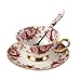 Bone China Ceramic Tea Cup Coffee Cup and Saucer,Flower,White And Red