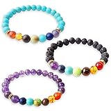 ALoveSoul 3 Pcs Amethyst And Turquoise And Black Lava Stone Stretch Yoga Chakra Power Balance Bracelets