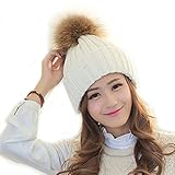 FURTALK Womens Girls Winter Fur Hat Real Large Raccoon Fur Pom Pom Beanie Winter Hats