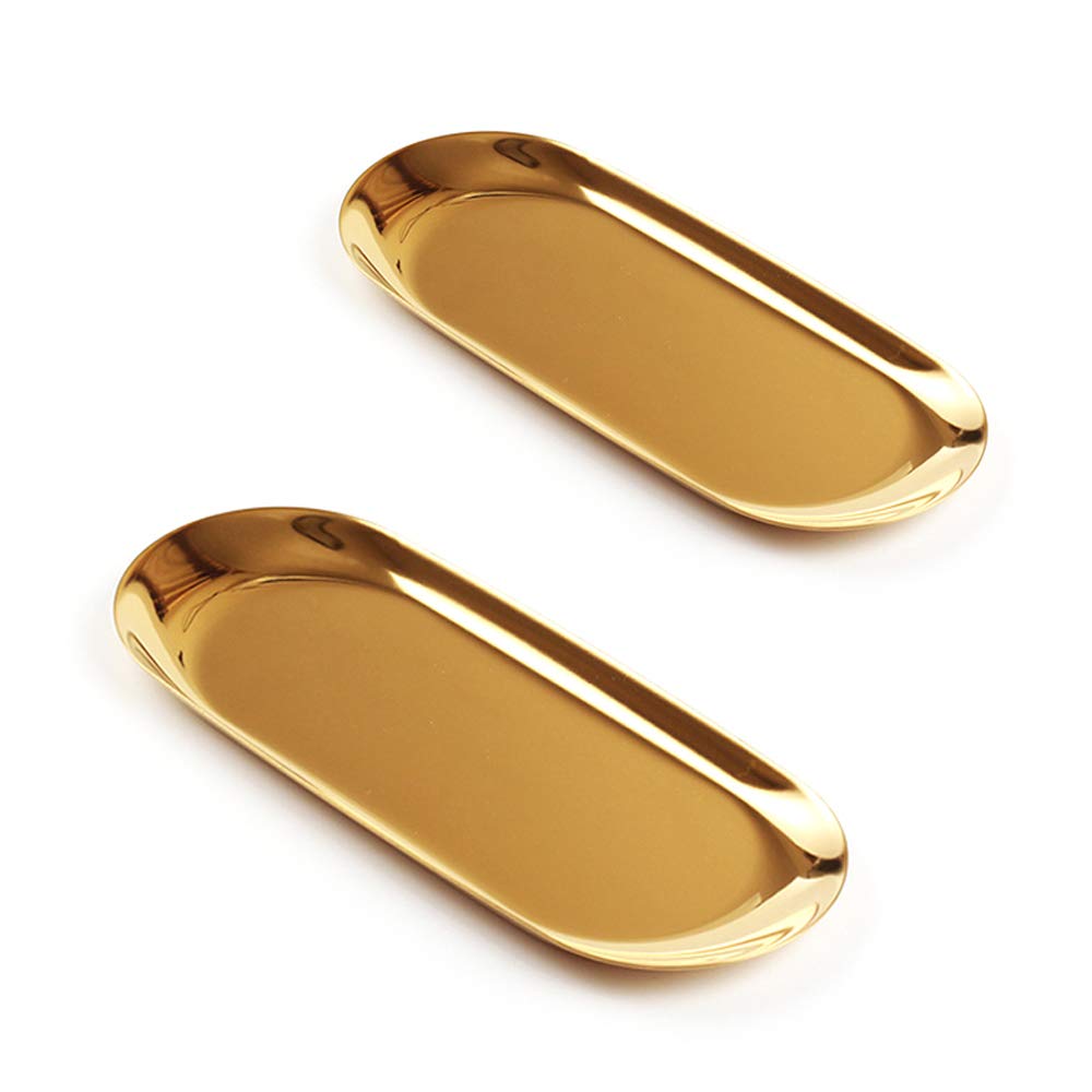 EKdirect 2pcs Gold Oval Tray Stainless Steel Cosmetics Jewelry Towel Fruit Dish Plate