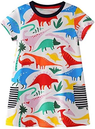 Koupa Little Girls Short Sleeve Summer Dress Toddler Dinosaur Print Cotton Dress