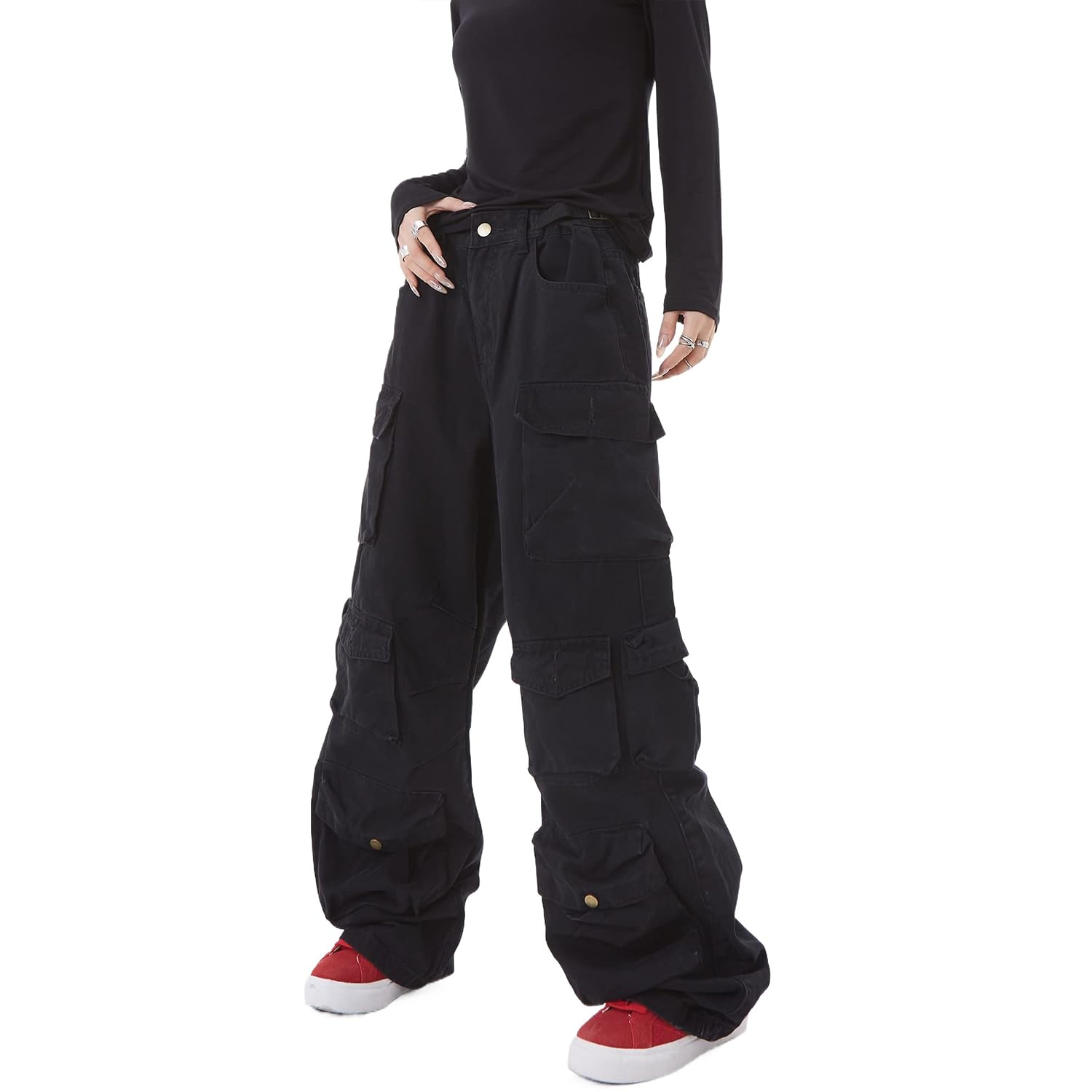 Photo 1 of Women's Baggy Cargo Pants Y2K Clothing Multi-Pocket Relaxed Fit Jeans Fairy Grunge Clothes Alt Emo Streetwear (Black,L)