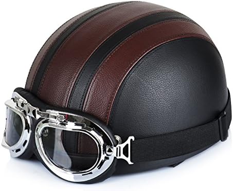 Progre 54-64cm Motorcycle Motorbike Scooter Open Face Half Leather Helmet with Visor UV Goggles Retro Vintage Style