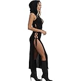Aucute Gothic Hooded Dress Womens Mock Neck Sleeveless Long Split Sheer Dress, Rave Outfits for Women Festival