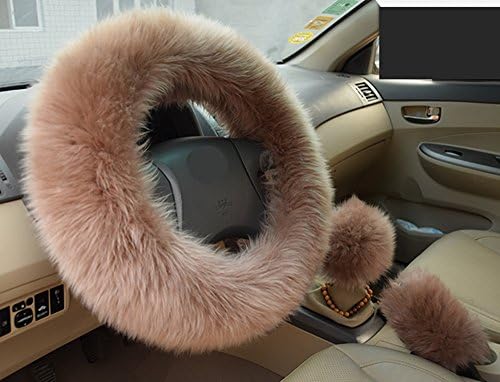 Dotesy 1 Set 3 Pcs Winter Warm Soft Fluffy Steering Wheel Cover Set Stretch-on for Car Steering Wheel 15 inch with Handbrake Cover Gear Shift Cover in Long Australia Wool(Tan)