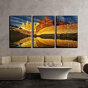 3 Piece Canvas Wall Art - Towers with Reflection at Sunrise, Torres Del Paine National Park, Patagonia, Chile - Modern Home Art Stretched and Framed Ready to Hang - 16"x24"x3 Panels