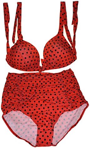 Retro Vintage Halter High-Waisted Bikini Polka Floral Swimsuit Red Black 3XLarge