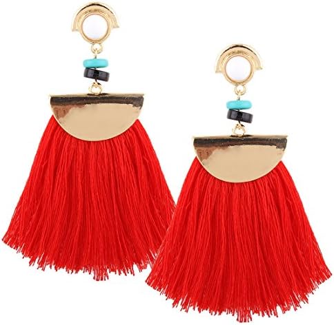 Bohemian Handmade Silk Tassel Dangling Earrings Women's Girls' Elegant Jewellery Ethnic Resin Pircing Eardrop(Red)