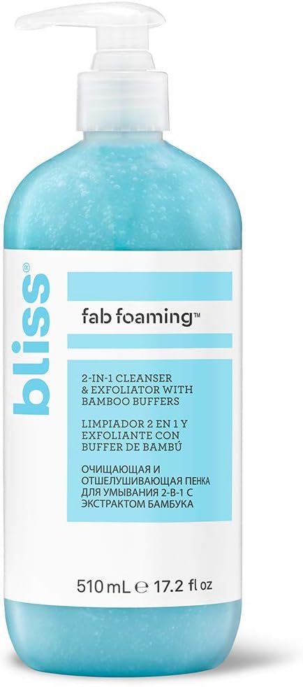 Bliss Fab Foaming 2-In-1 Cleanser & Exfoliator with Bamboo Buffers | Oil-Free Gel | Paraben Free, Cruelty Free | 17.2 fl oz