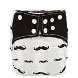 Sigzagor AIll In One Night AIO Cloth Diaper Nappy Sewn In Charcoal Bamboo Insert Reusable Washable (Mustache)