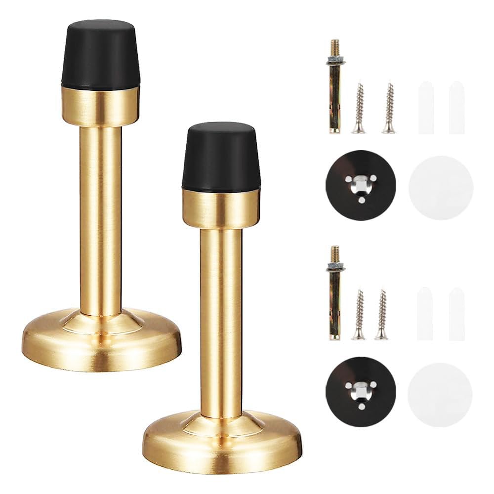 2 Pack Door Stoppers, Gold Stainless Steel Wall Protector Home Door Stops with Rubber Buffer Bumper for Sound Dampening
