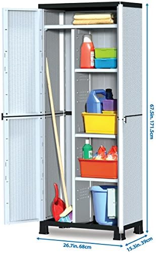 Plascoline Madera 4-Shelf Multi-Purpose Plastic Utility Storage Cabinet with Doors and Floor Risers, 26.7" W x 15.3" D x 67.5" H