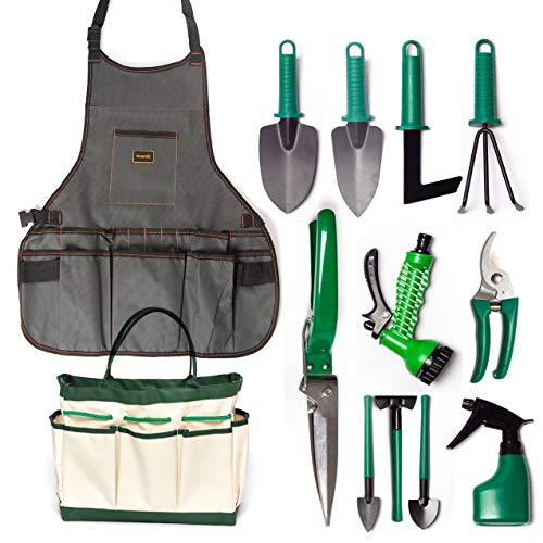 Garden Tools Set Organizer 13 Pieces Gardening Kit With Garden Tote Bag Canvas Apron Pruning Shears - Best For Gardener Men Women Kids Family