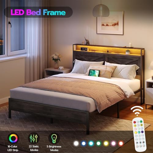 HOOBRO Full Size Bed Frame, Bed Frame with Charging Station and LED Lights, Headboard with Shelves, Heavy Duty Metal Frame, Noise-Free, Easy Assembly, No Box Springs Needed, Charcoal Black BC01UDBF01