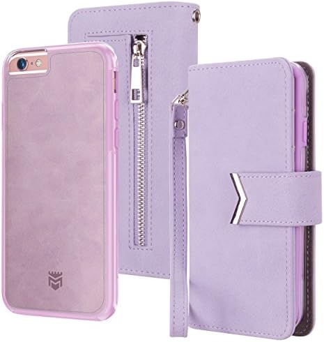 Majesticase iPhone 6s Plus Wallet Case Premium Suede Leather Wristlet &amp; Detachable Removable Magnetic Hybrid Protective Shell Cover &amp; Back Zipper + Removable Strap - Lavender
