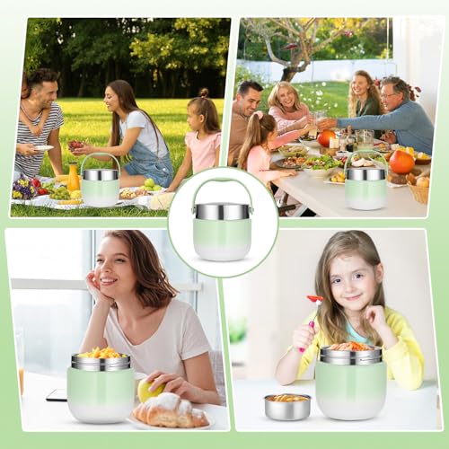 Thermal Food Container 1200 ml, Food Thermos Flask for Feeding Food, Insulated Bowl with Lid with Folding Spoon, Suitable for Storing Flour, Soup, Lunch, Cheese (Green)